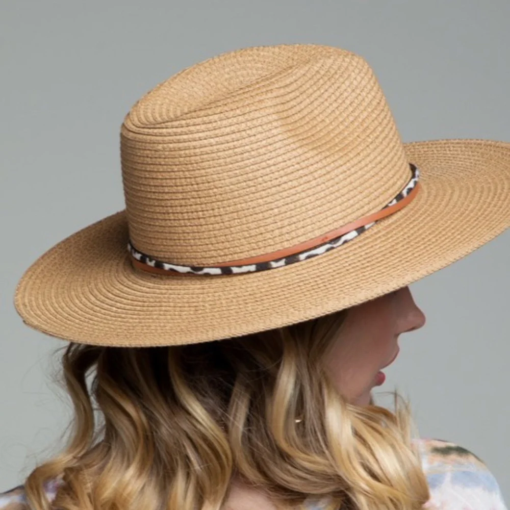 Boho Leopard Natural Trim Straw Panama Hat - Picture 3 of 9